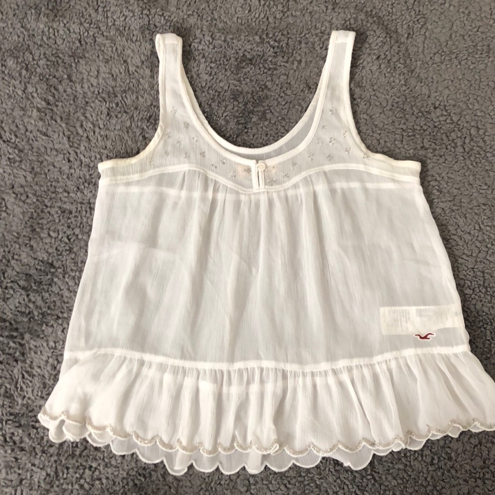 Hollister Sheer White Embellished Flowy Tank